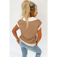 Simply Taupe Half Zipper Collared Colorblock Short Sleeve Top - L thumbnail