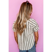 Gray Stripe Frilled Tie Neck Short Sleeve Blouse - L thumbnail