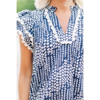 Sky Blue Abstract Print Ric Rac Trim Flutter Sleeve Notch V Neck Blouse - XL thumbnail