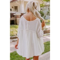 White Eyelet Patchwork High Low Hem V Neck Oversized Top - L thumbnail