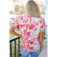 Rose Floral Print Flutter Sleeve Round Neck Casual Blouse - L thumbnail
