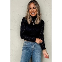 Black Flower Lace See Through Mock Neck Long Sleeve Top - XL thumbnail