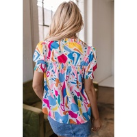 Multicolour Abstract Print Lace Detail Shirred Short Sleeve Split Neck Blouse - L thumbnail