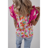 Pink Floral Layered Ruffle Flutter Sleeve Tie V Neck Blouse - L thumbnail