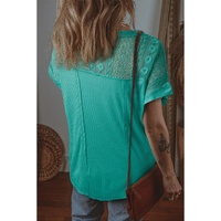 Sea Green Lace Patchwork Split Neck Textured Short Sleeve Blouse - L thumbnail