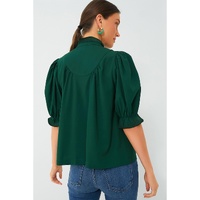 Blackish Green Solid Puff Sleeve Frilled Trim Elegant Blouse - L thumbnail