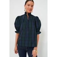 Green Stripe Plaid Puff Sleeve Frilled Trim Elegant Blouse - L thumbnail