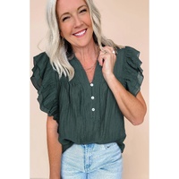 Skobeloff Frilled V Neck Ruffled Cap Sleeve Blouse - L thumbnail