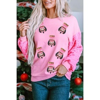 Pink Christmas Nutcracker Graphic Sequin Patchwork Long Sleeve Top - XL thumbnail