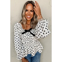 Black Polka Dot Puff Sleeve Bow Square Neck Peplum Top - L thumbnail