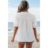 White Embroidered Lace Patchwork Tie Neck Puff Short Sleeve Blouse - S thumbnail