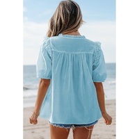 Mist Blue Embroidered Lace Patchwork Tie Neck Puff Short Sleeve Blouse - L thumbnail
