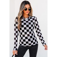 Black Checkerboard Western Elements Printed Mesh Long Sleeve Top - L thumbnail