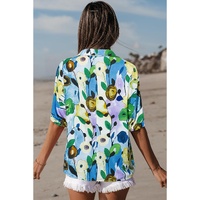 Light Blue Floral Print Slit V Neck Short Sleeve Blouse - M thumbnail