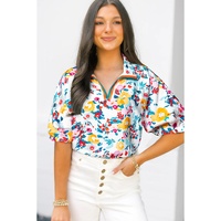 Peacock Blue Floral Print Slit V Neck Short Sleeve Blouse - L thumbnail