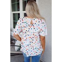 White Colorful Polka Dot Short Sleeve Tiered Ruffled Babydoll Blouse - L thumbnail