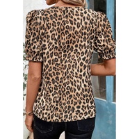 Khaki Leopard Ruffled Neck Cascading Puff Short Sleeve Top - L thumbnail