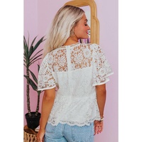 White Short Sleeve Scalloped Floral Lace Peplum Blouse - S thumbnail
