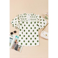 Apricot Polka Dot Print Shirred Yoke Notched Neck Balloon Sleeve Blouse - L thumbnail