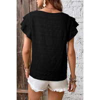 Black Textured Ruffled Sleeve Round Neck Top - S thumbnail
