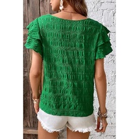 Dark Green Textured Ruffled Sleeve Round Neck Top - L thumbnail