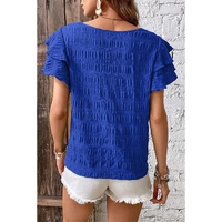 Dark Blue Textured Ruffled Sleeve Round Neck Top - S thumbnail