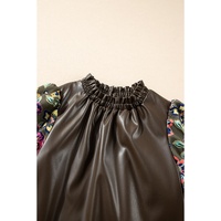 Four Leaf Clover Floral Bubble Sleeve Patchwork Leatherette Frilled Round Neck Blouse - L thumbnail