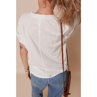 White Ribbed Texture Lace Patchwork Short Sleeve Top - XL thumbnail
