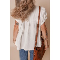 White Textured Short Sleeve Buttons Frayed Blouse - S thumbnail
