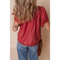 Red Dahlia Floral Embroidered Scallop Trim Short Sleeve V Neck Blouse - L thumbnail