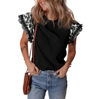 Black Ricrac Trim Printed Flutter Sleeve Contrast Patchwork Blouse - L thumbnail