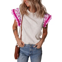 Rose Ricrac Trim Printed Flutter Sleeve Contrast Patchwork Blouse - L thumbnail