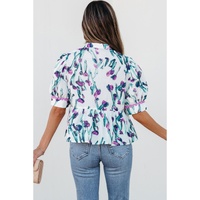Purple Floral Ricrac Trim Half Sleeve Peplum Top - L thumbnail