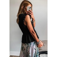 Black Ruffle Short Sleeve Shirred Peplum Top - XL thumbnail