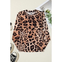 Brown Leopard Round Neck Long Sleeve Slim Top - L thumbnail
