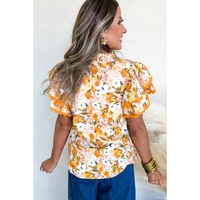 Russet Orange Ruffled V Neck Scalloped Short Sleeve Floral Blouse - L thumbnail