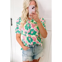 Green Abstract Print Frilly Neck Ruched Short Sleeve Blouse - M thumbnail