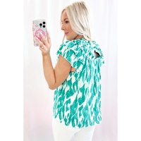 Sky Blue Abstract Print Frilled Crewneck Loose Fit Blouse - L thumbnail