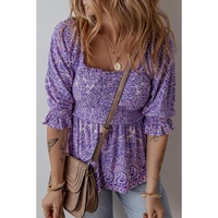 Purple Boho Paisley Print Half Sleeve Shirred Peplum Blouse - L thumbnail