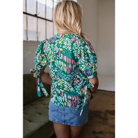 Green Brushwork Geometric Print Puff Sleeve Notched Neck Blouse - L thumbnail