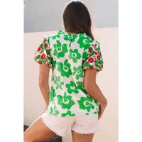Green Contrast Embroidered Puff Short Sleeve Floral Blouse - L thumbnail