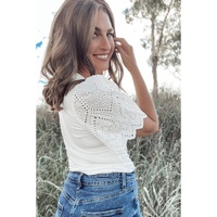 White Eyelet Pattern Short Sleeve Patchwork Ribbed Top - L thumbnail