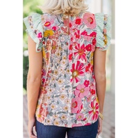 Pink Floral Print Contrast Ruffle Trim Short Sleeve Blouse - L thumbnail