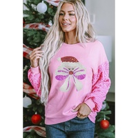 Pink Bow Father Christmas Graphic Sequin Patchwork Long Sleeve Top - XL thumbnail