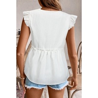 White Textured Ruffled Trim V Neck Flutter Flowy Top - S thumbnail