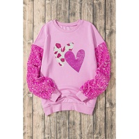 Pink Valentines Heart Graphic Sequin Patchwork Long Sleeve Top - XL thumbnail