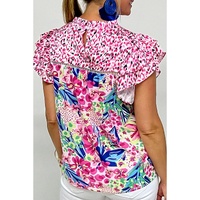 Pink Floral Mixed Print Ruffle Cap Sleeve Blouse - L thumbnail