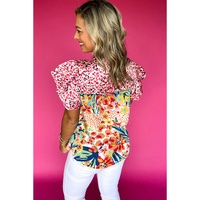 Red Floral Mixed Print Ruffle Cap Sleeve Blouse - M thumbnail