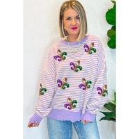 Purple Stripe Sequin Fleur de Lis Patched Pattern Long Sleeve Top - L thumbnail
