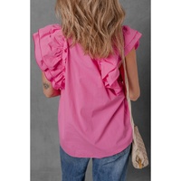 Sachet Pink Shirred Yoke Lace up V Neck Ruffled Sleeve Blouse - L thumbnail